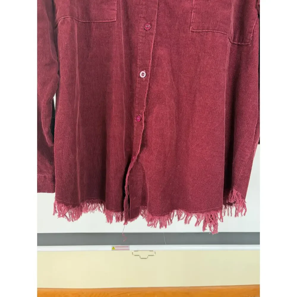 Corduroy Burgundy Velvety Shacket Raw Hem Alternative Grunge Barn Medium - Picture 4 of 9